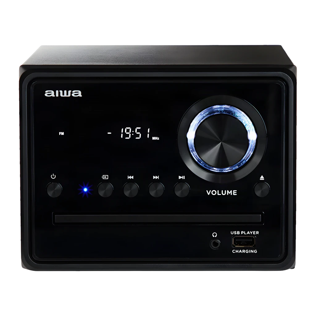 Chaîne hi-fi AIWA 20W Bluetooth Noir MSBTU-300, face avant: écran FM, bouton volume lumineux, lecteur CD et port USB