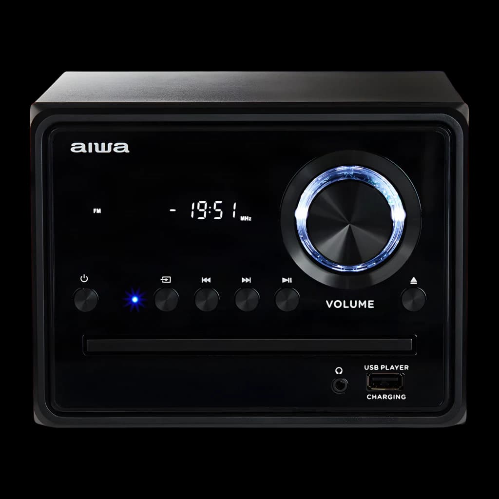Chaîne hi-fi AIWA 20W Bluetooth Noir MSBTU-300, face avant: écran FM, bouton volume lumineux, lecteur CD et port USB