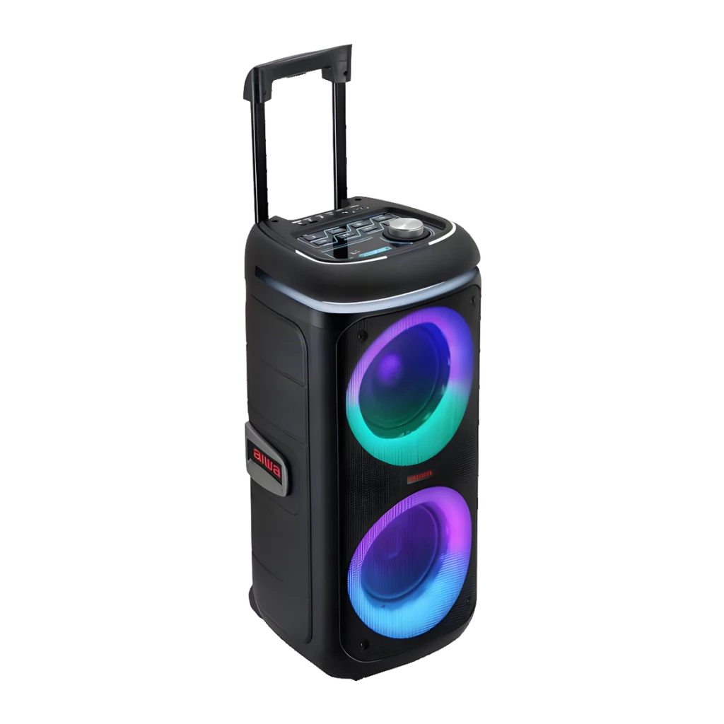 Altavoz portátil AIWA 40W 6h Bluetooth 5.1 Negro KBTUS-480, vista frontal en ángulo: trolley extendido, dos woofers