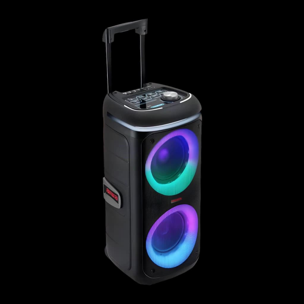 Altavoz portátil AIWA 40W 6h Bluetooth 5.1 Negro KBTUS-480, vista frontal en ángulo: trolley extendido, dos woofers