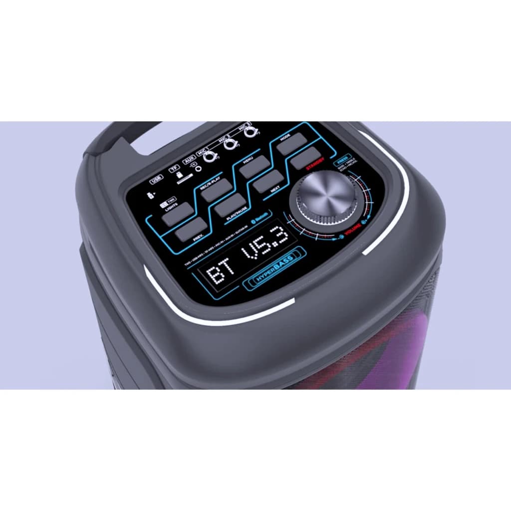 Altavoz portátil AIWA 40W 6h Bluetooth 5.1 Negro KBTUS-480, panel superior: botones, dial de volumen y display BT V5.3