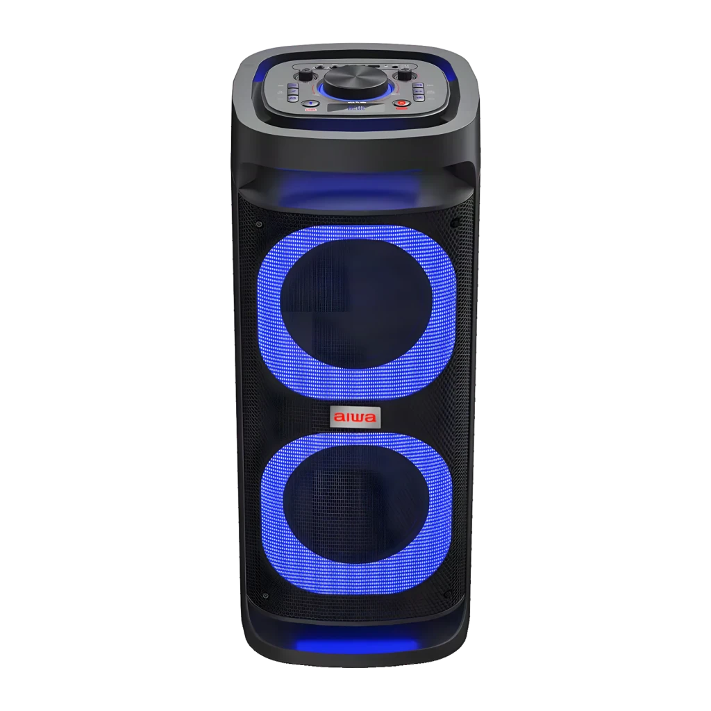Altavoz portátil AIWA 40W 6h Bluetooth 5.1 Negro KBTUS-480, vista frontal: dos woofers con iluminación LED azul y panel