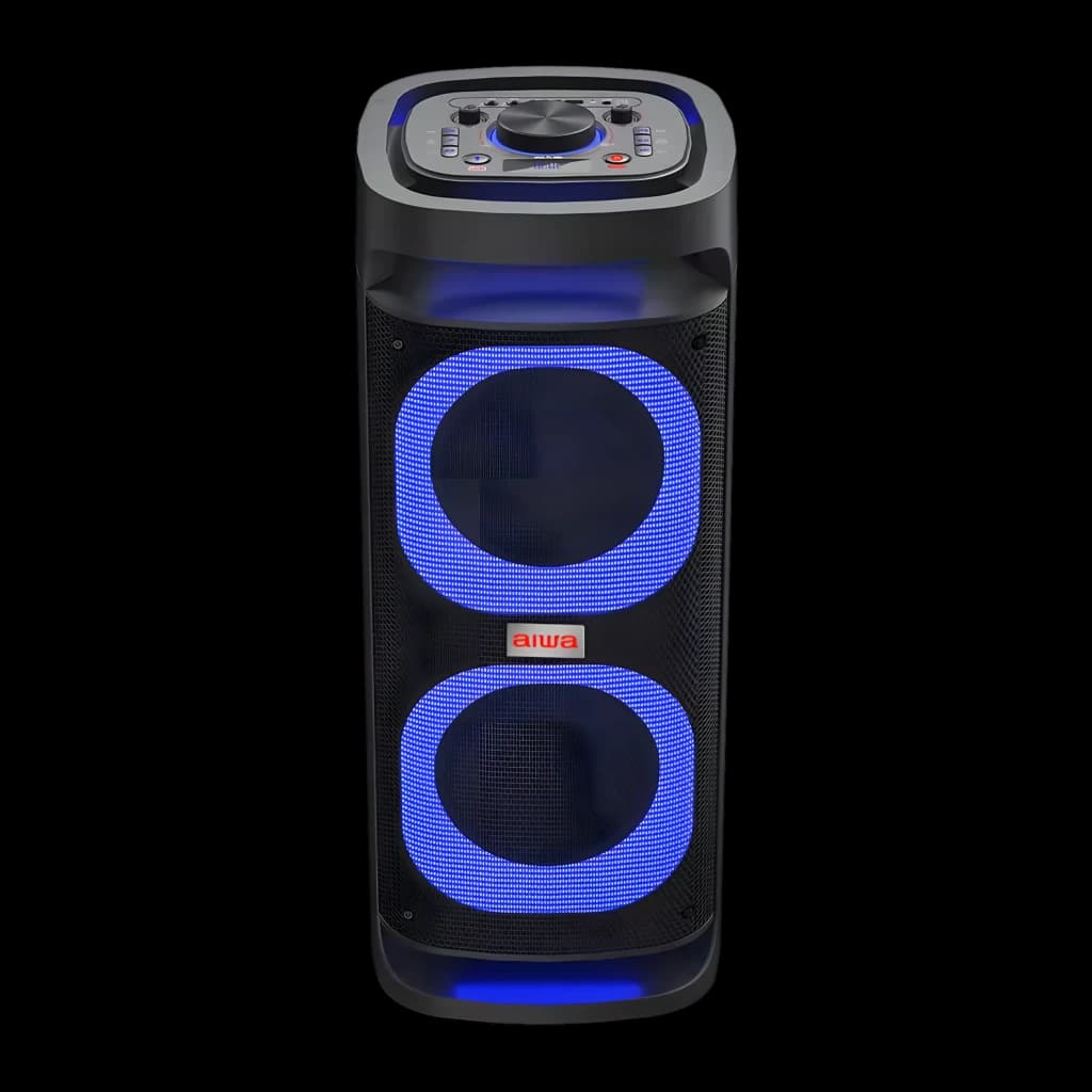 Altavoz portátil AIWA 40W 6h Bluetooth 5.1 Negro KBTUS-480, vista frontal: dos woofers con iluminación LED azul y panel