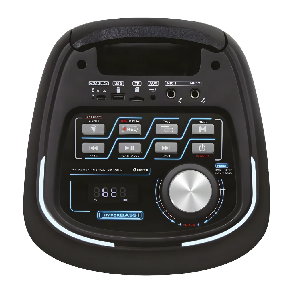 Altavoz portátil AIWA 40W 6h Bluetooth 5.1 Negro KBTUS-480, vista superior: panel de control con botones, display LED, mando