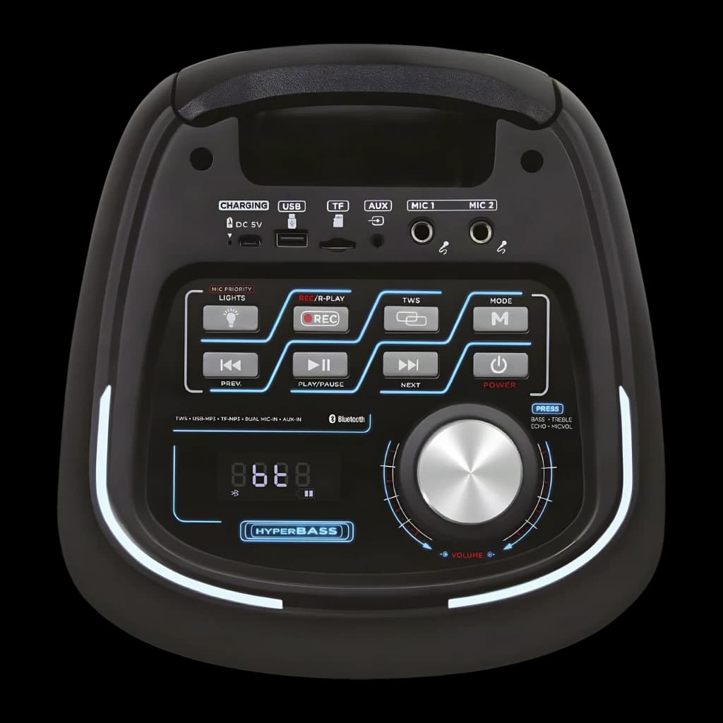 Altavoz portátil AIWA 40W 6h Bluetooth 5.1 Negro KBTUS-480, vista superior: panel de control con botones, display LED, mando