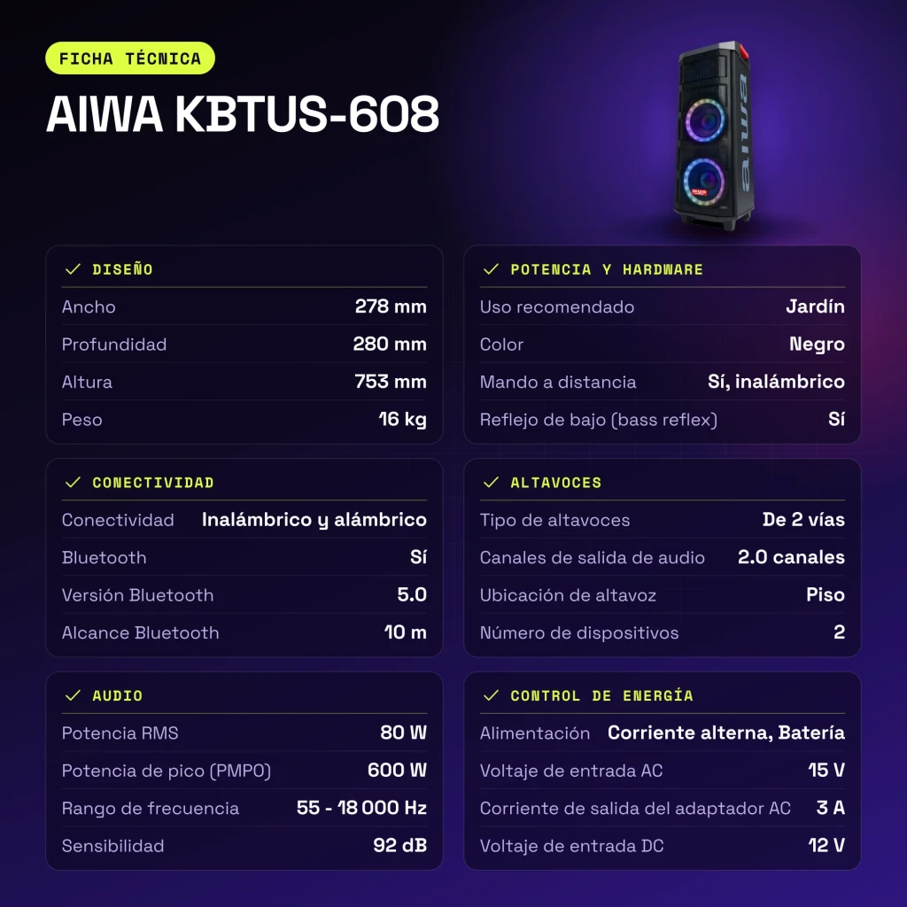 Altavoz de Fiesta AIWA 80W RMS Bluetooth 5.0 Negro KBTUS-608 - características