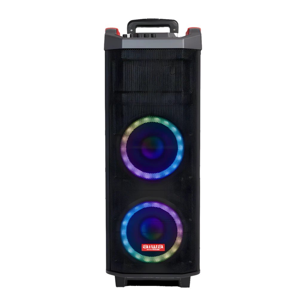 Altavoz de Fiesta AIWA 80W RMS Bluetooth 5.0 Negro KBTUS-608, vista frontal: dos woofers con luces RGB y asa superior