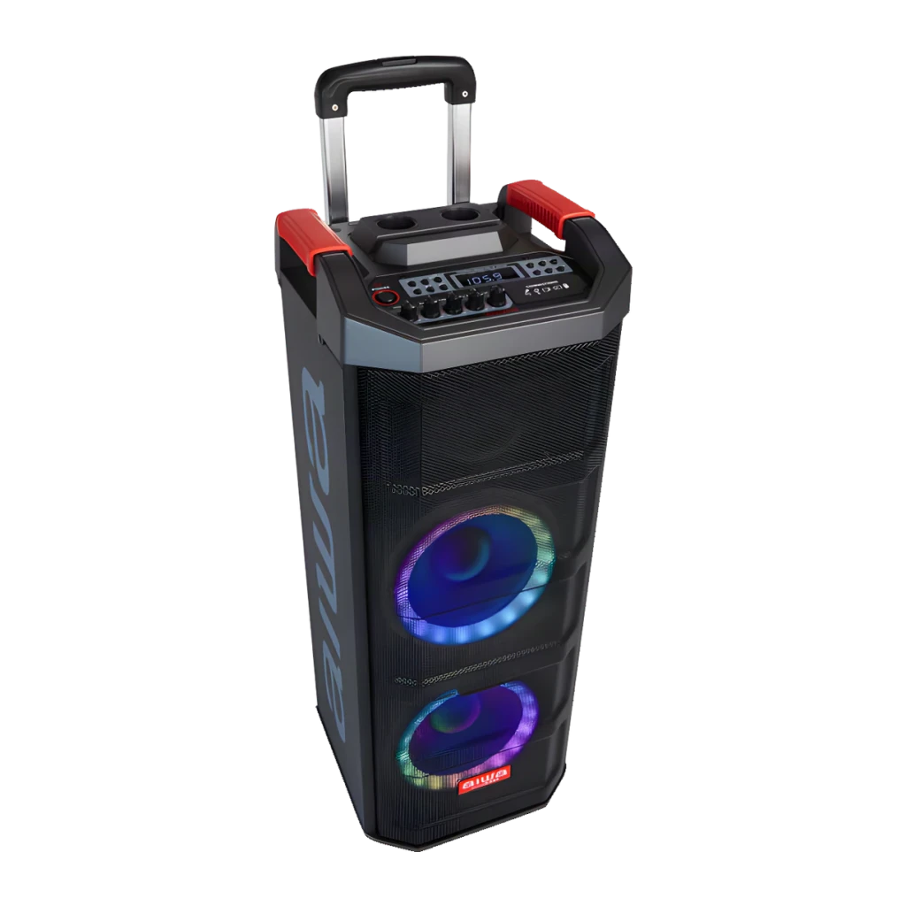 Altavoz de Fiesta AIWA 80W RMS Bluetooth 5.0 Negro KBTUS-608, vista en ángulo: dos woofers con luces LED RGB, asa