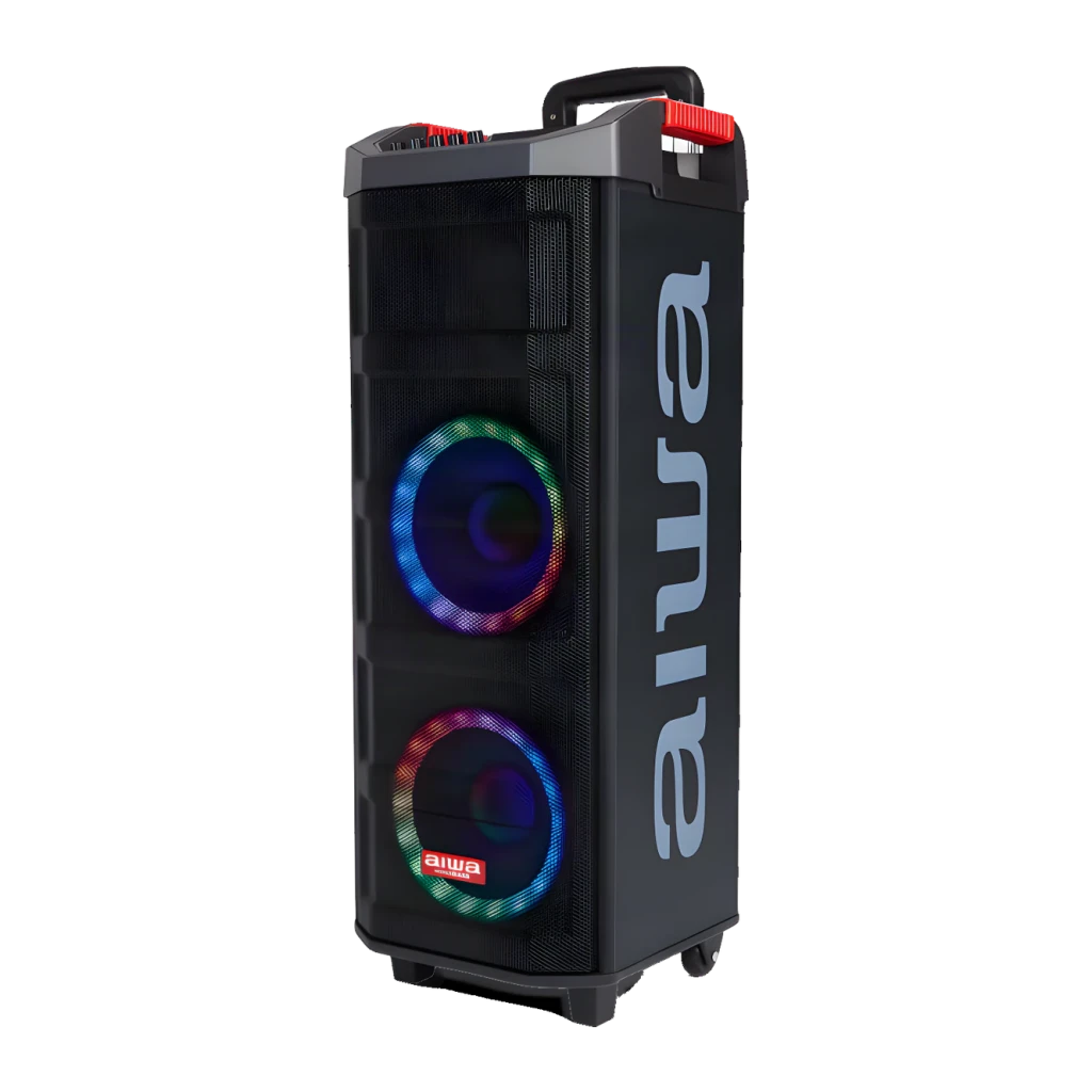 Altavoz de Fiesta AIWA 80W RMS Bluetooth 5.0 Negro KBTUS-608, vista en ángulo: dos altavoces con luces LED RGB y logo AIWA