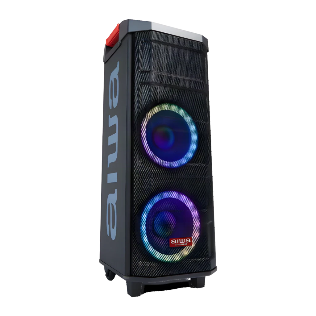Altavoz de Fiesta AIWA 80W RMS Bluetooth 5.0 Negro KBTUS-608, vista en ángulo: dos woofers con luces RGB y asa roja superior