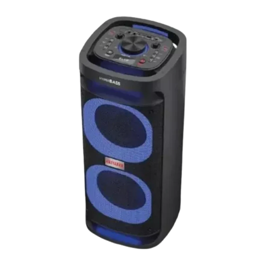 Coluna de Festa AIWA 80W RMS 75min Bluetooth 5.0 Preto KBTUS-D800, vista frontal em ângulo: dois woofers com iluminação LED