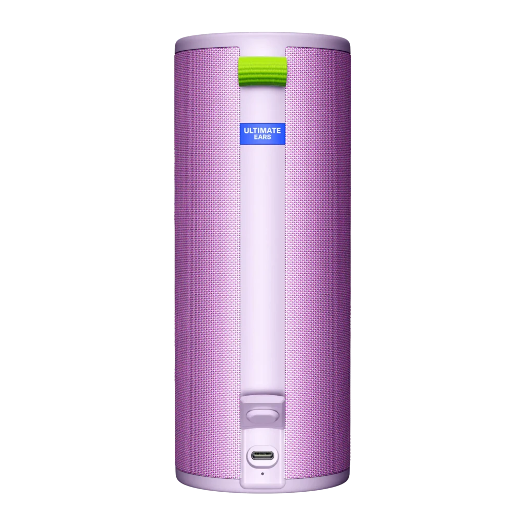 Altavoz portátil Ultimate Ears Boom 4 IP67 15h Bluetooth Lila, vista trasera: puerto USB-C, asa verde y rejilla textil lila