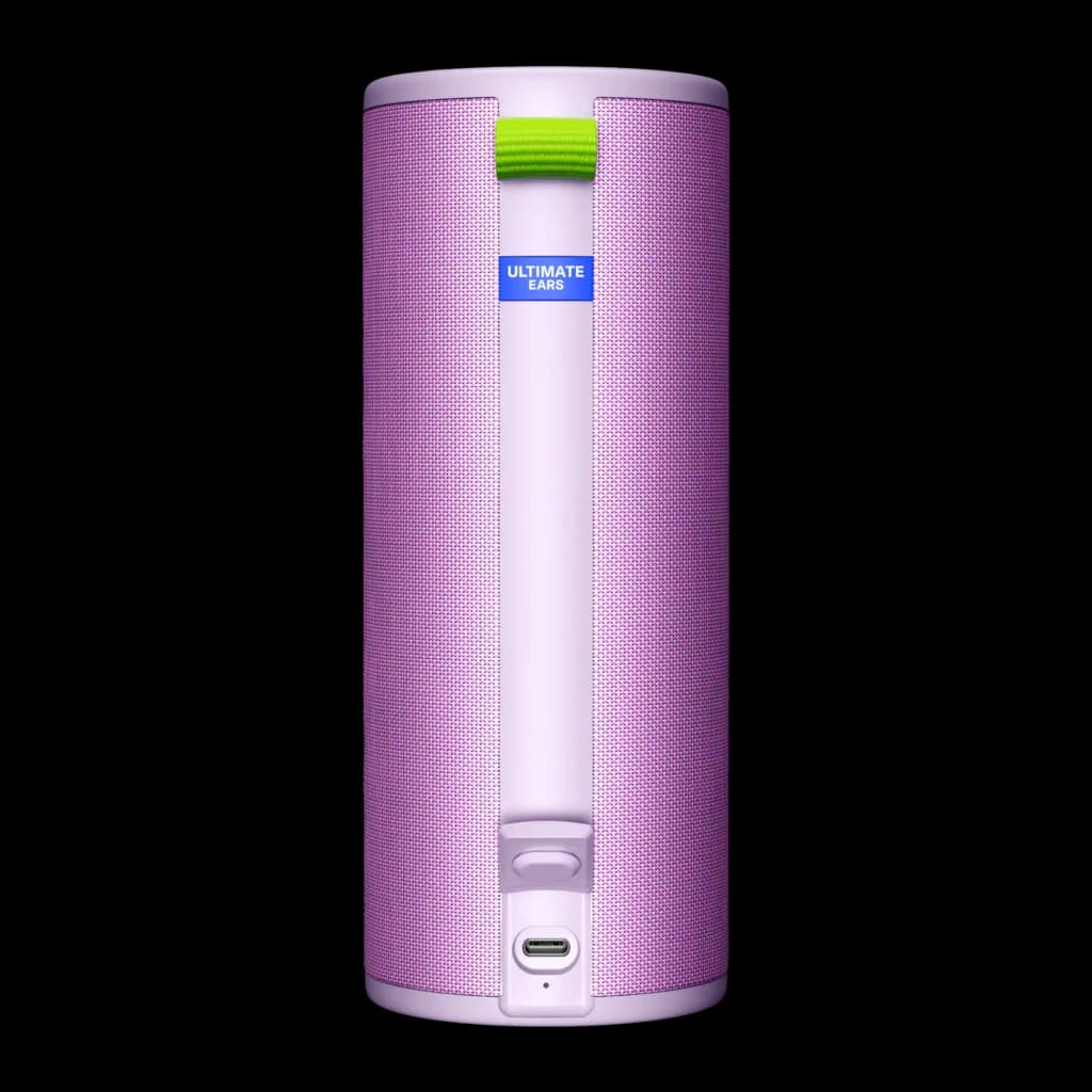 Altavoz portátil Ultimate Ears Boom 4 IP67 15h Bluetooth Lila, vista trasera: puerto USB-C, asa verde y rejilla textil lila