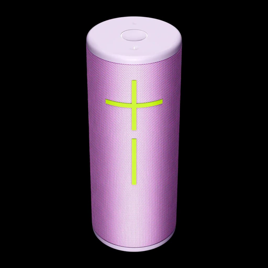 Altavoz portátil Ultimate Ears Boom 4 IP67 15h Bluetooth Lila, vista frontal: tela lila con logo en cruz verde lima y tapa