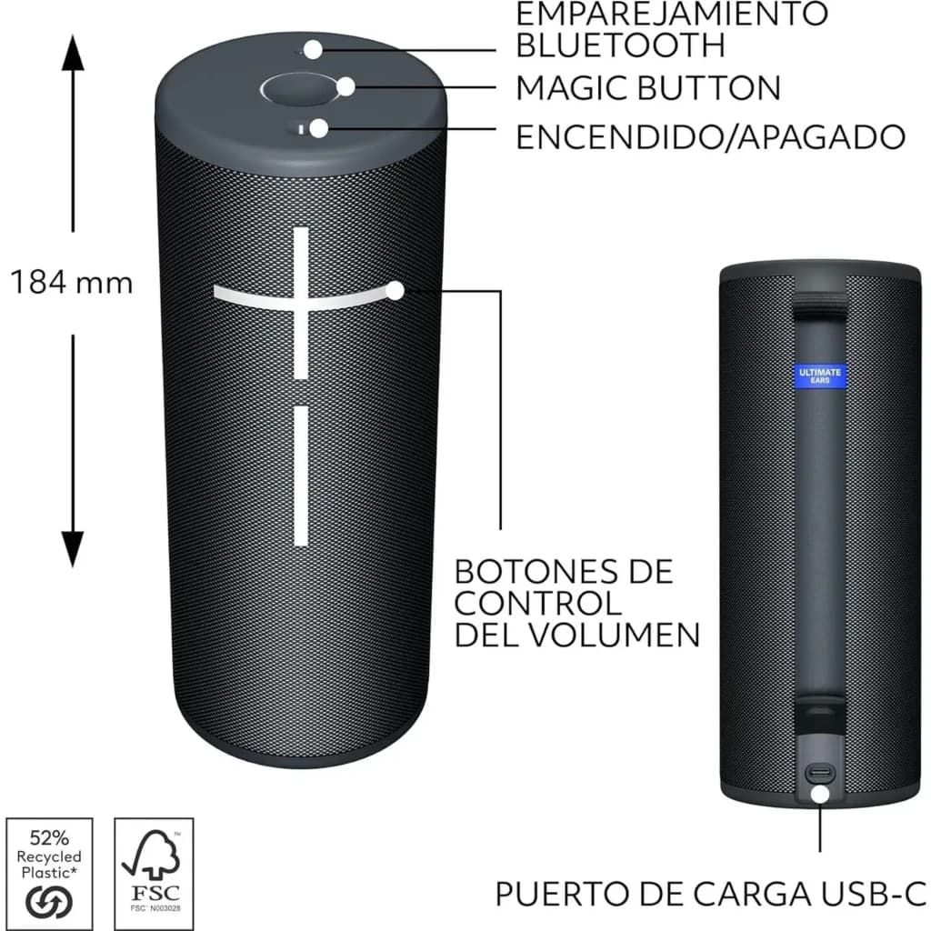 Altavoz portátil Ultimate Ears Boom 4 IP67 15h Bluetooth Negro, diagrama: altura 184mm, botones y puerto USB-C señalados