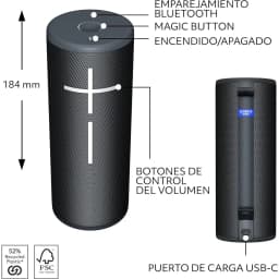 Altavoz portátil Ultimate Ears Boom 4 IP67 15h Bluetooth Negro, diagrama: altura 184mm, botones y puerto USB-C señalados