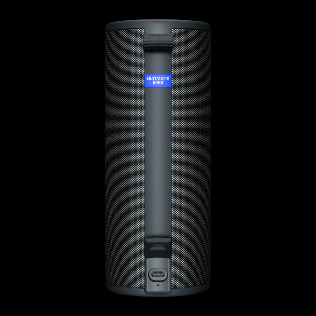 Altavoz portátil Ultimate Ears Boom 4 IP67 15h Bluetooth Negro, vista trasera: rejilla textil, logo azul y puerto USB-C
