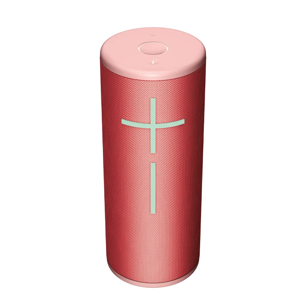 Altavoz Bluetooth Ultimate Ears BOOM 4 IP67 15h Rojo, vista frontal: tela roja con botones de volumen en cruz verde menta