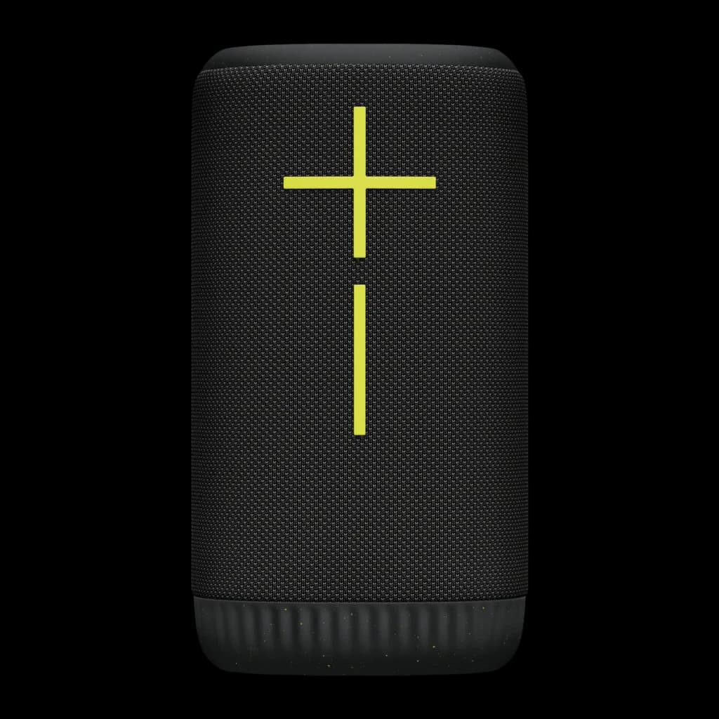 Enceinte portable Logitech Ultimate Ears Everboom IP67 20h Bluetooth Noir, vue de face: grille noire avec croix jaune