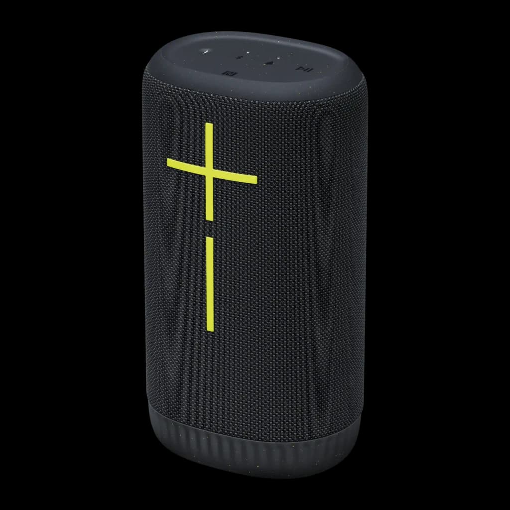 Enceinte portable Logitech Ultimate Ears Everboom IP67 20h Bluetooth Noir, détail: croix jaune fluorescente sur tissu noir
