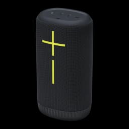 Enceinte portable Logitech Ultimate Ears Everboom IP67 20h Bluetooth Noir, détail: croix jaune fluorescente sur tissu noir