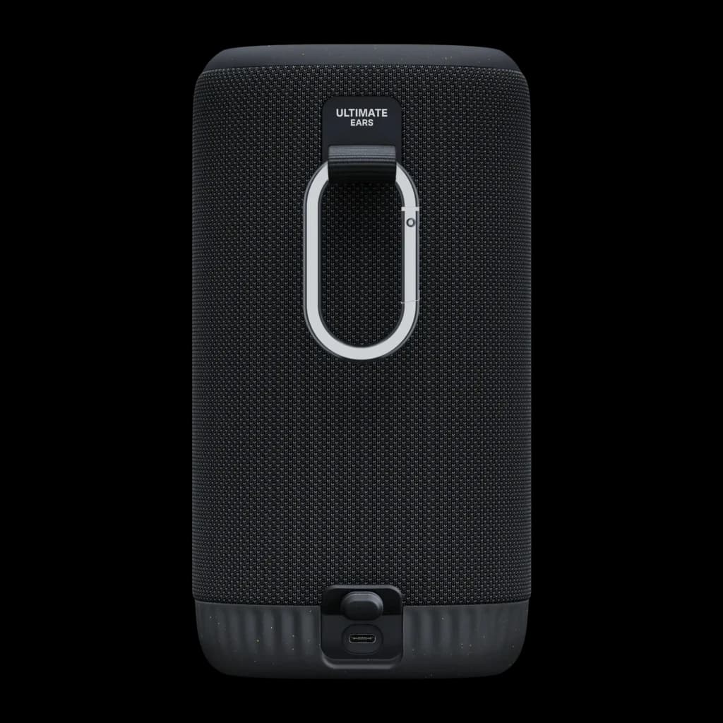 Enceinte portable Logitech Ultimate Ears Everboom IP67 20h Bluetooth Noir, vue arrière: mousqueton métallique et port USB-C