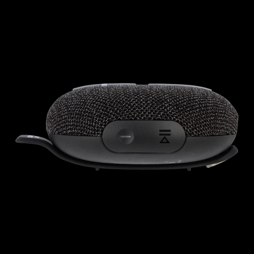 Altavoz Bluetooth Logitech UE Miniroll IP67 12h Negro, vista lateral: tela negra, botones de volumen y menú, cordón
