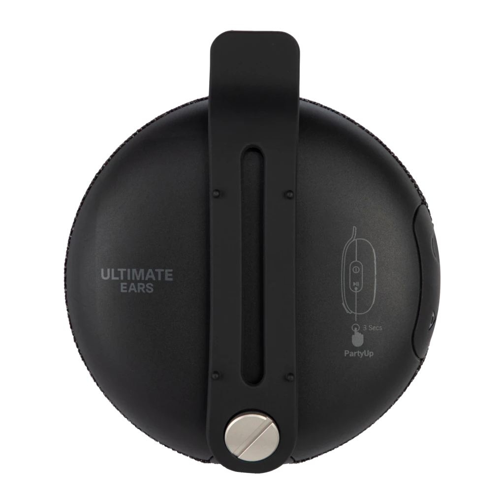 Altavoz Bluetooth Logitech UE Miniroll IP67 12h Negro, vista trasera: logo Ultimate Ears, clip y botones laterales