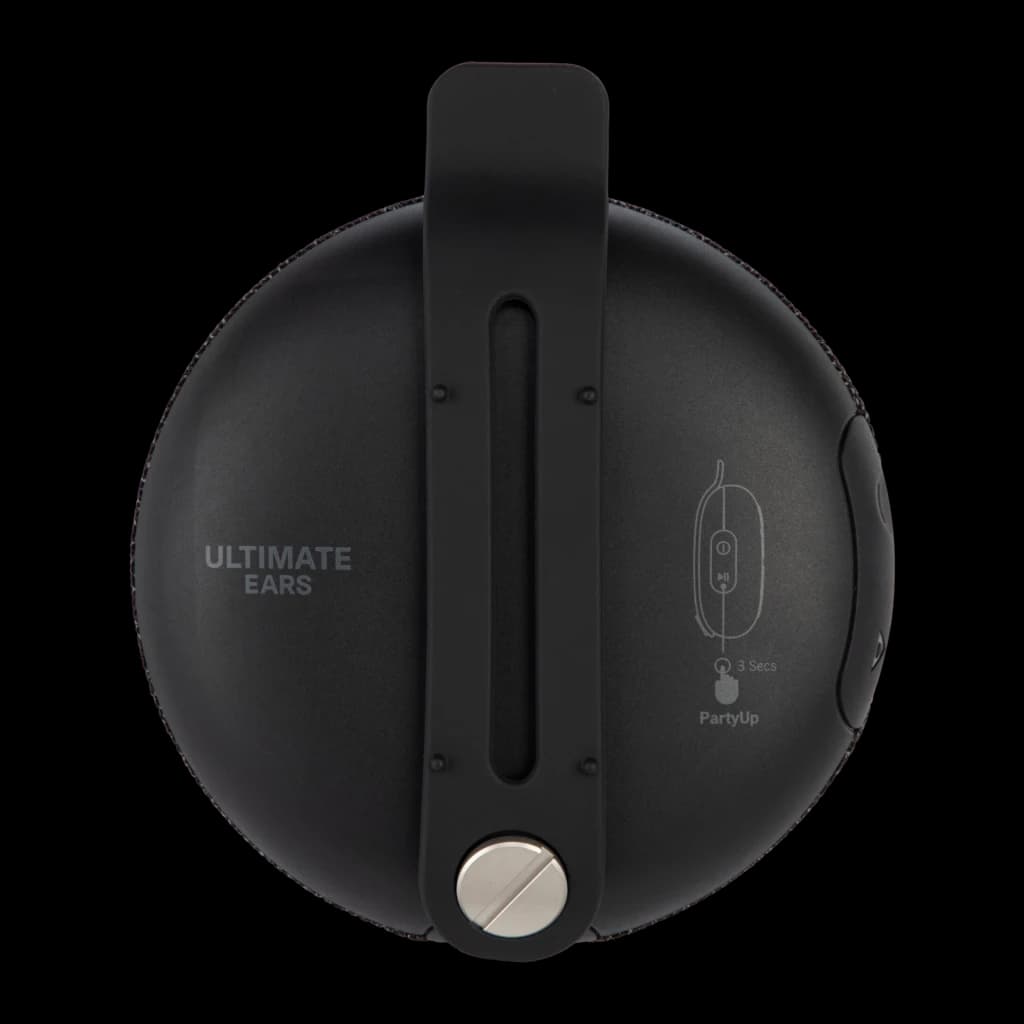 Altavoz Bluetooth Logitech UE Miniroll IP67 12h Negro, vista trasera: logo Ultimate Ears, clip y botones laterales