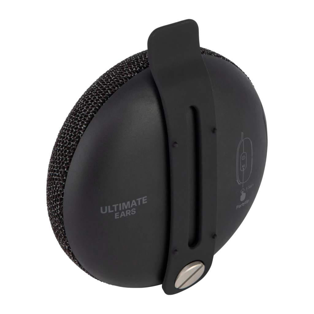 Altavoz Bluetooth Logitech UE Miniroll IP67 12h Negro, vista lateral: clip de sujeción, rejilla textil y logo Ultimate Ears