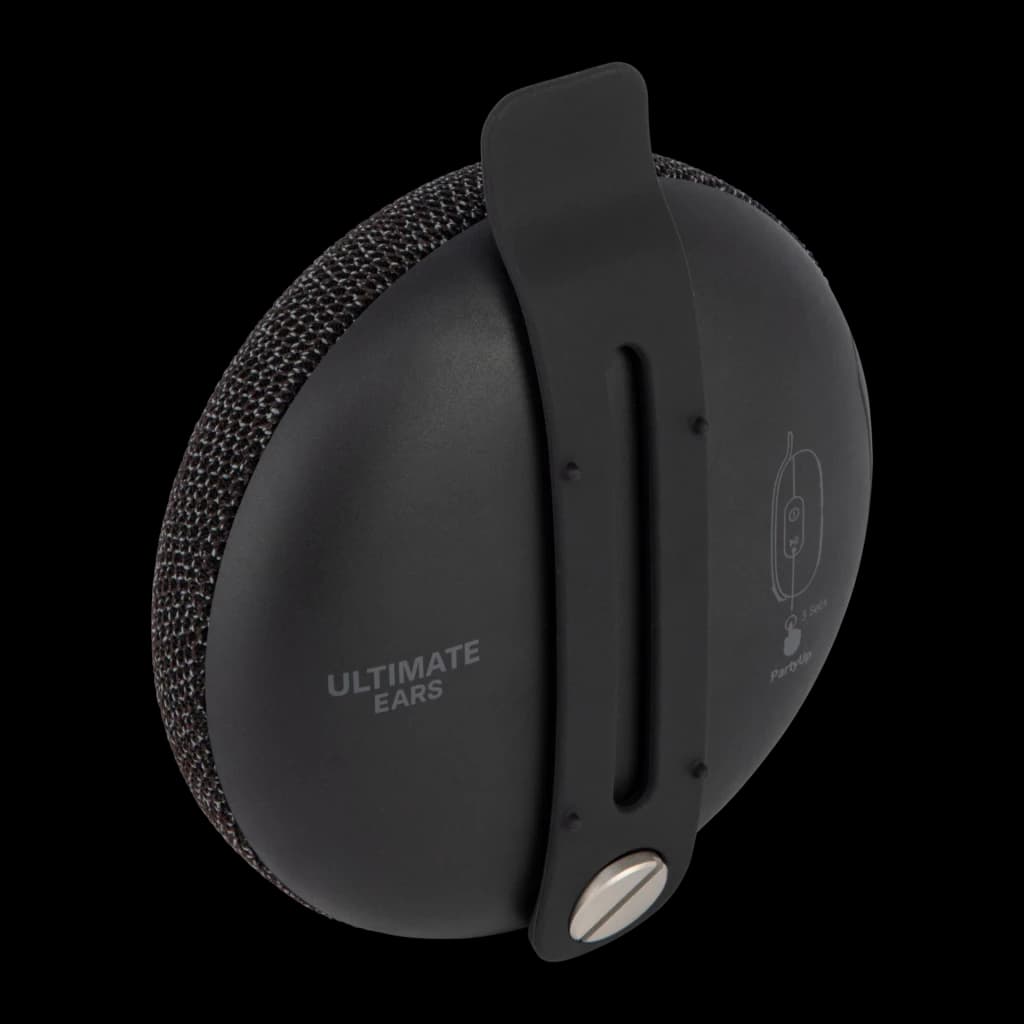 Altavoz Bluetooth Logitech UE Miniroll IP67 12h Negro, vista lateral: clip de sujeción, rejilla textil y logo Ultimate Ears
