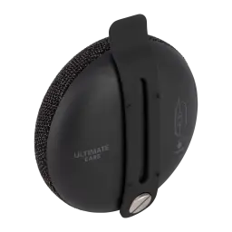 Altavoz Bluetooth Logitech UE Miniroll IP67 12h Negro, vista lateral: clip de sujeción, rejilla textil y logo Ultimate Ears