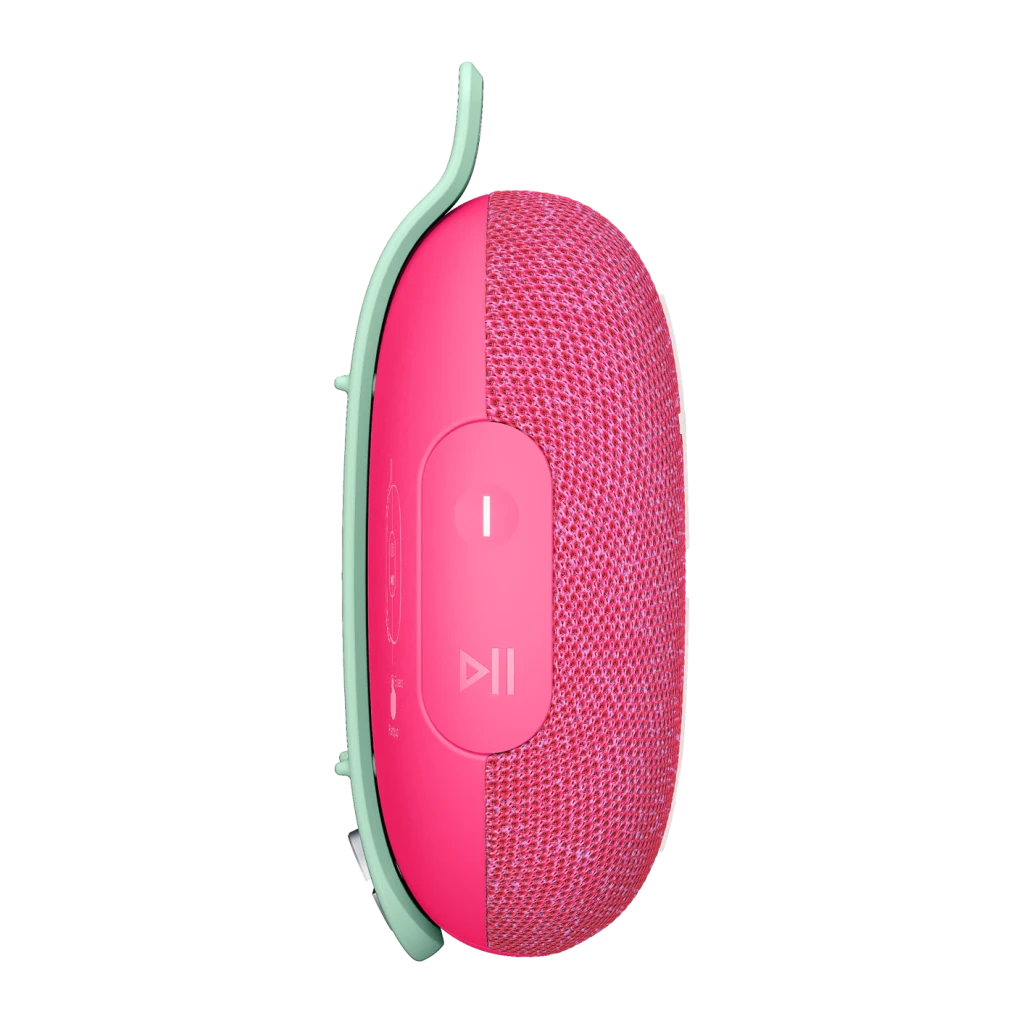 Altavoz portátil Ultimate Ears Miniroll IP67 12h Bluetooth Rosa, vista lateral: botones de control y asa verde menta
