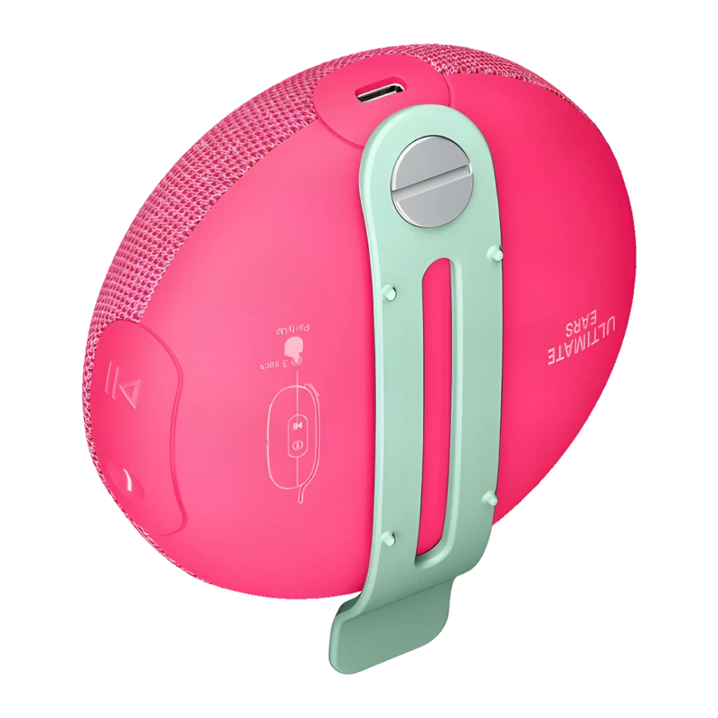 Altavoz portátil Ultimate Ears Miniroll IP67 12h Bluetooth Rosa, vista trasera: clip menta, puerto USB-C y botones laterales