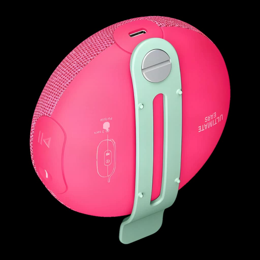 Altavoz portátil Ultimate Ears Miniroll IP67 12h Bluetooth Rosa, vista trasera: clip menta, puerto USB-C y botones laterales