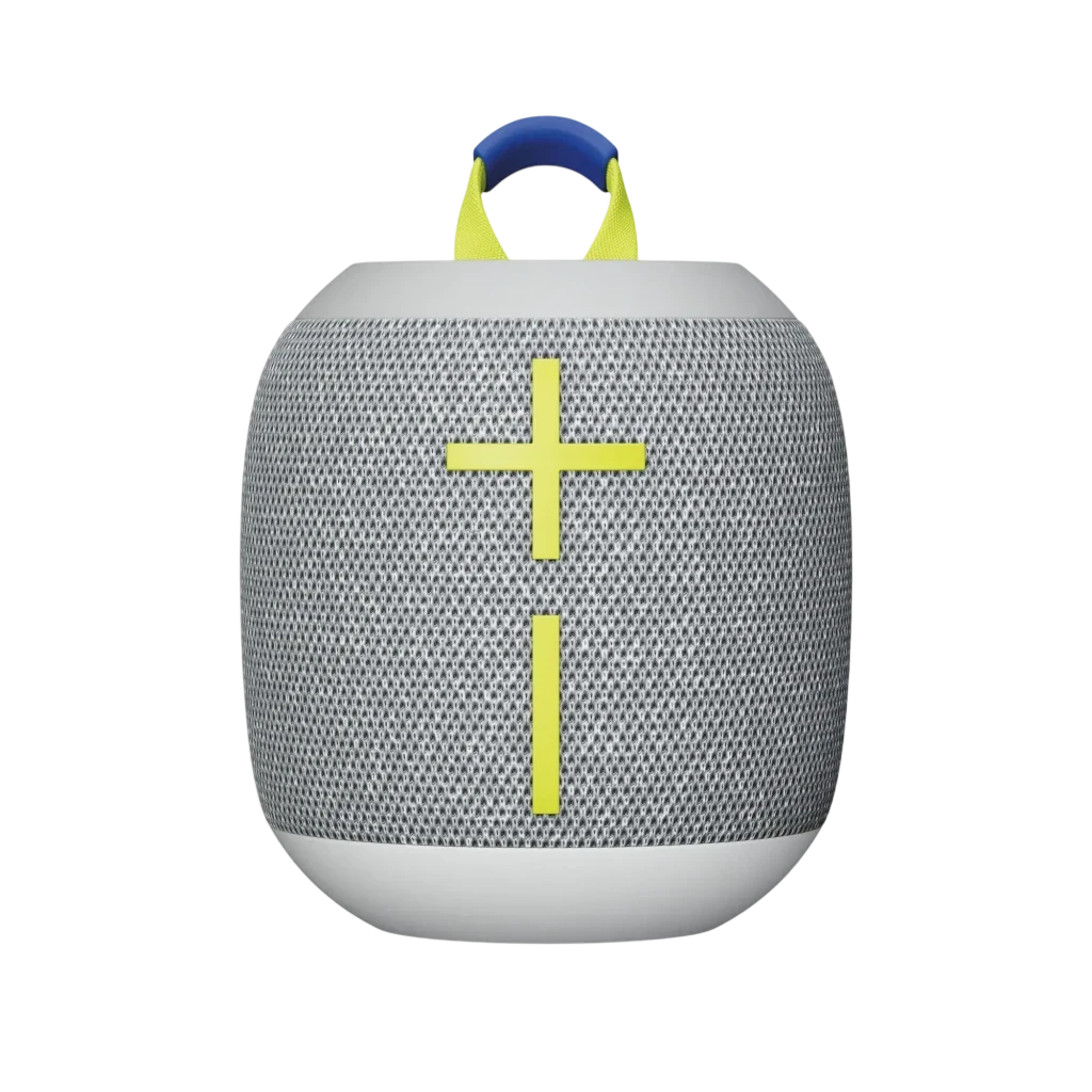 Altavoz portátil Ultimate Ears Wonderboom 4 Joyous Brights 14h Bluetooth, vista frontal: rejilla gris con botones amarillo
