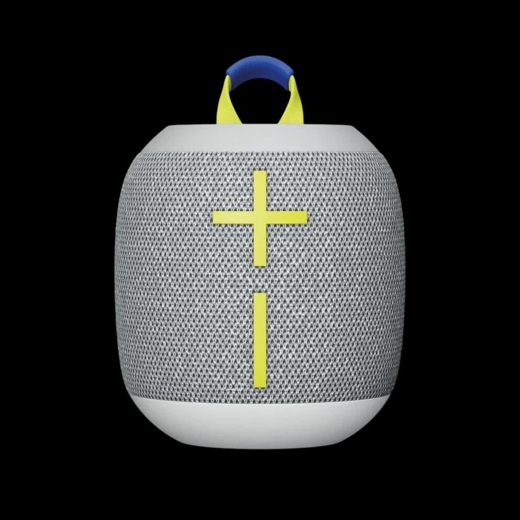Altavoz portátil Ultimate Ears Wonderboom 4 Joyous Brights 14h Bluetooth, vista frontal: rejilla gris con botones amarillo