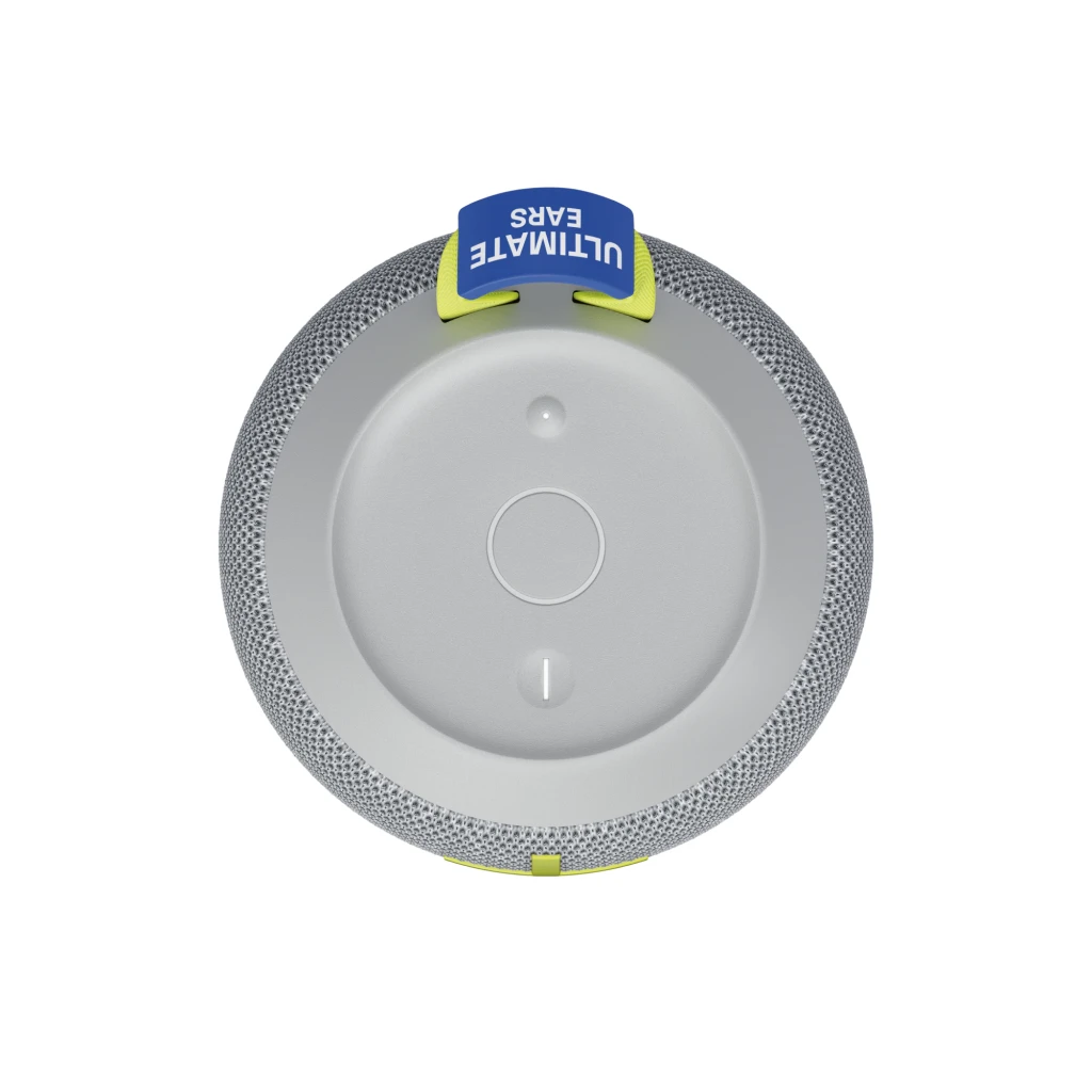 Altavoz portátil Ultimate Ears Wonderboom 4 Joyous Brights 14h Bluetooth, vista superior: base gris con botón central y lazo
