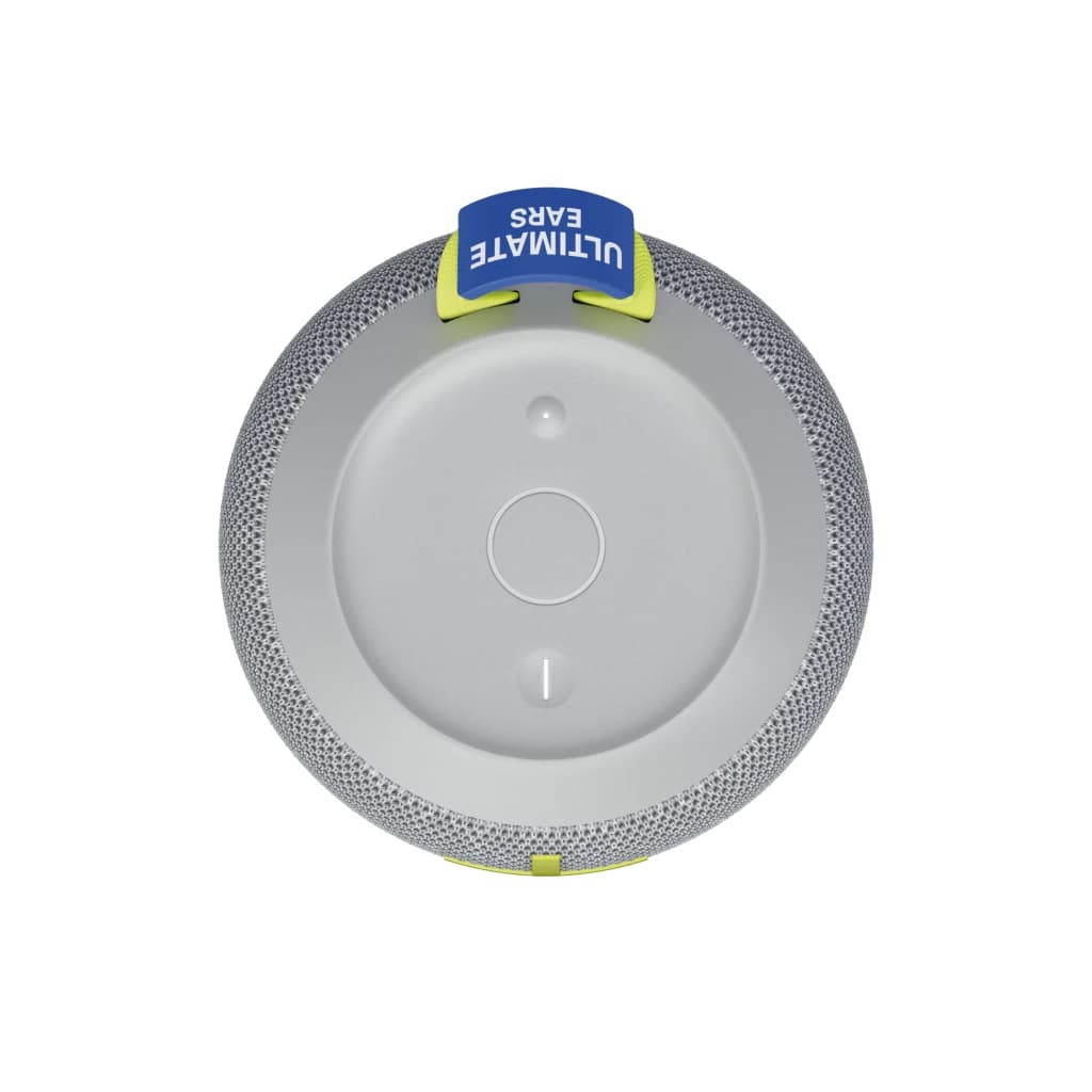 Altavoz portátil Ultimate Ears Wonderboom 4 Joyous Brights 14h Bluetooth, vista superior: base gris con botón central y lazo