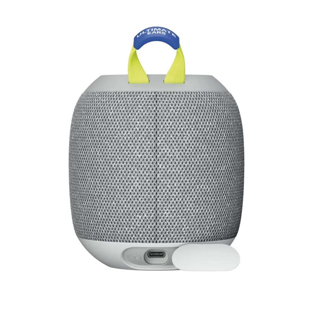 Altavoz portátil Ultimate Ears Wonderboom 4 Joyous Brights 14h Bluetooth, vista trasera: rejilla gris, puerto USB-C y asa