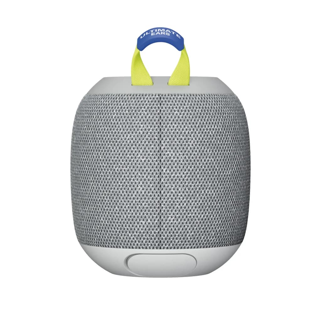 Altavoz portátil Ultimate Ears Wonderboom 4 Joyous Brights 14h Bluetooth, vista frontal: rejilla gris con asa amarilla