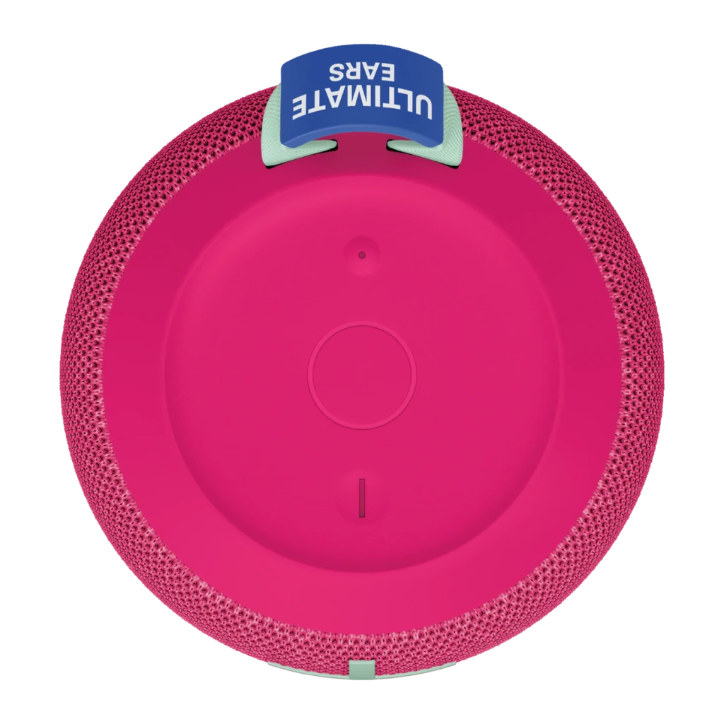 Altavoz Ultimate Ears Wonderboom 4 14h Bluetooth rosa, vista superior: base plana, rejilla y asa azul con logo