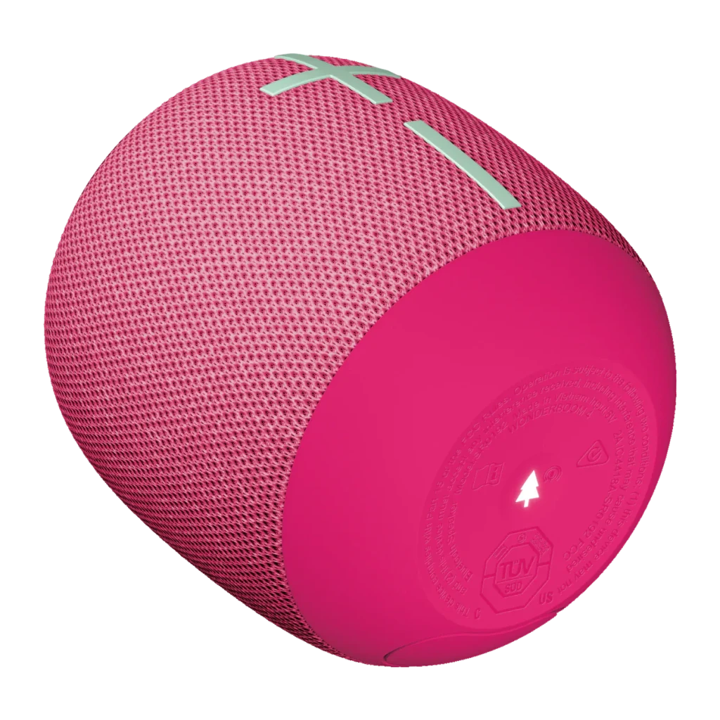 Altavoz Ultimate Ears Wonderboom 4 14h Bluetooth rosa, vista inferior: base con certificación TÜV y rejilla texturizada