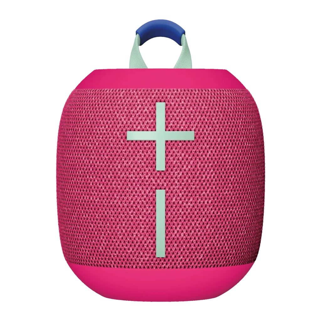 Altavoz Ultimate Ears Wonderboom 4 14h Bluetooth rosa, vista frontal: rejilla rosa con botones en cruz mint y asa azul
