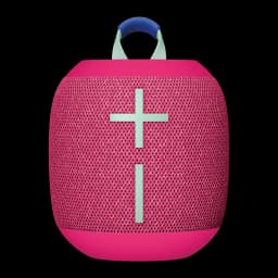 Altavoz Ultimate Ears Wonderboom 4 14h Bluetooth rosa, vista frontal: rejilla rosa con botones en cruz mint y asa azul