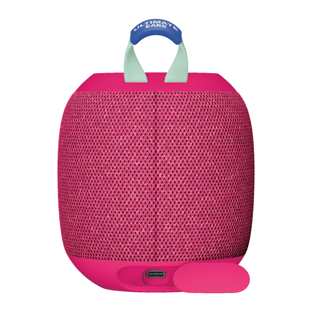 Altavoz Ultimate Ears Wonderboom 4 14h Bluetooth rosa, vista trasera: rejilla, puerto USB-C y asa menta con logo azul