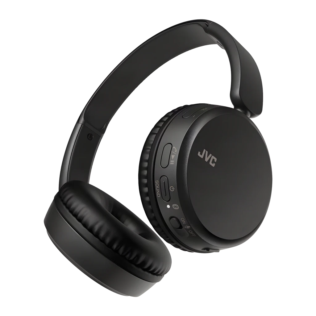Casque JVC Arceau Bluetooth 5.2 35h Noir HA-S36WS, vue en angle: arceau, coussinets et boutons de contrôle latéraux visibles