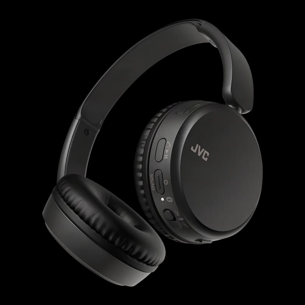 Casque JVC Arceau Bluetooth 5.2 35h Noir HA-S36WS, vue en angle: arceau, coussinets et boutons de contrôle latéraux visibles