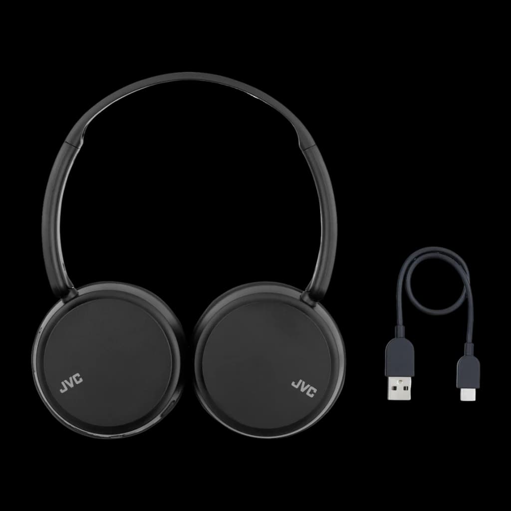 Casque JVC Arceau Bluetooth 5.2 35h Noir HA-S36WS, contenu boîte: vue de face avec câble USB-A vers USB-C inclus