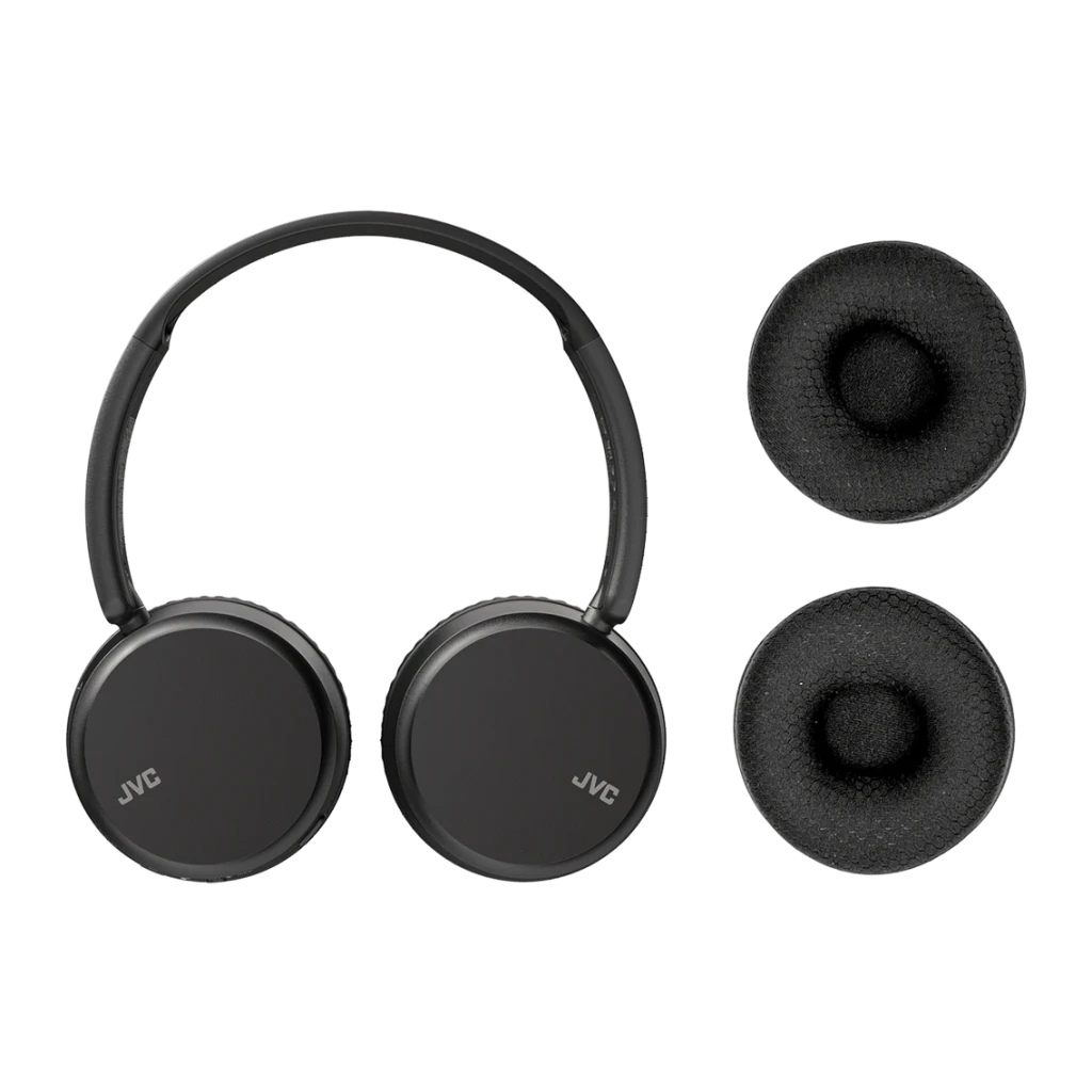 Auriculares JVC Diadema Bluetooth 5.2 35h Negro HA-S36WS, vista frontal: auriculares y par de almohadillas de repuesto